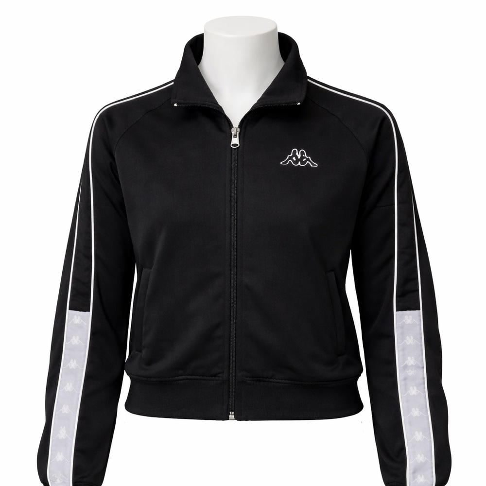 Size M Kappa Women’s Track Jacket Black Logo Tape Zip Cropped Athletic